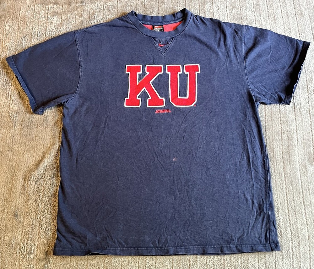 Vintage Nike Kansas Jayhawks T Shirt Mens Large Swoosh Embroidered Textured Knit